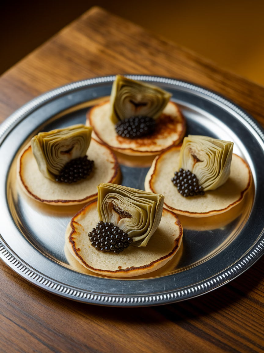 Blinis com alcachofra e caviar apresentados em bandejas de recepção elegante