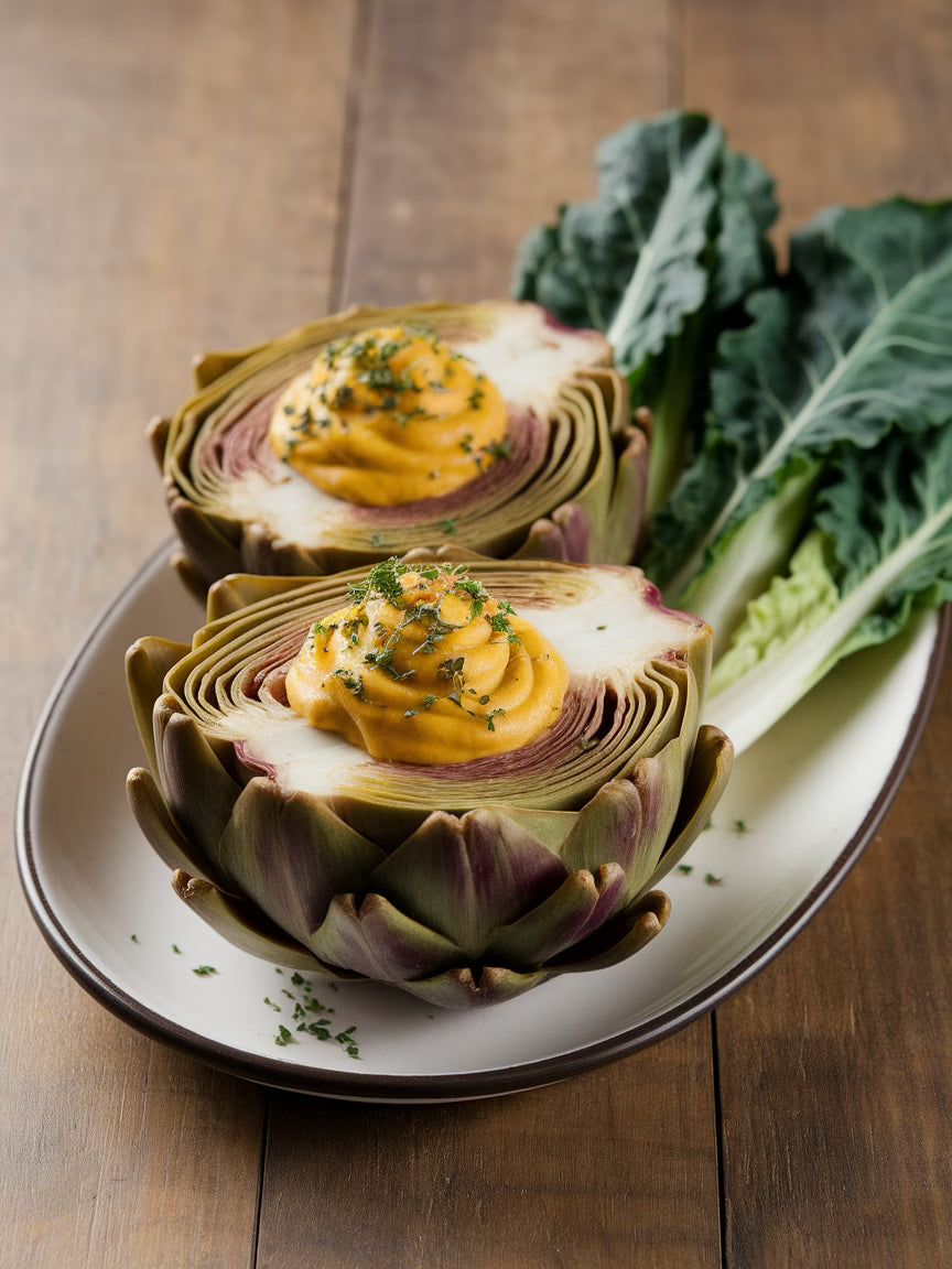 Antepasto de alcachofra com molho dijon servido em mesa gourmet